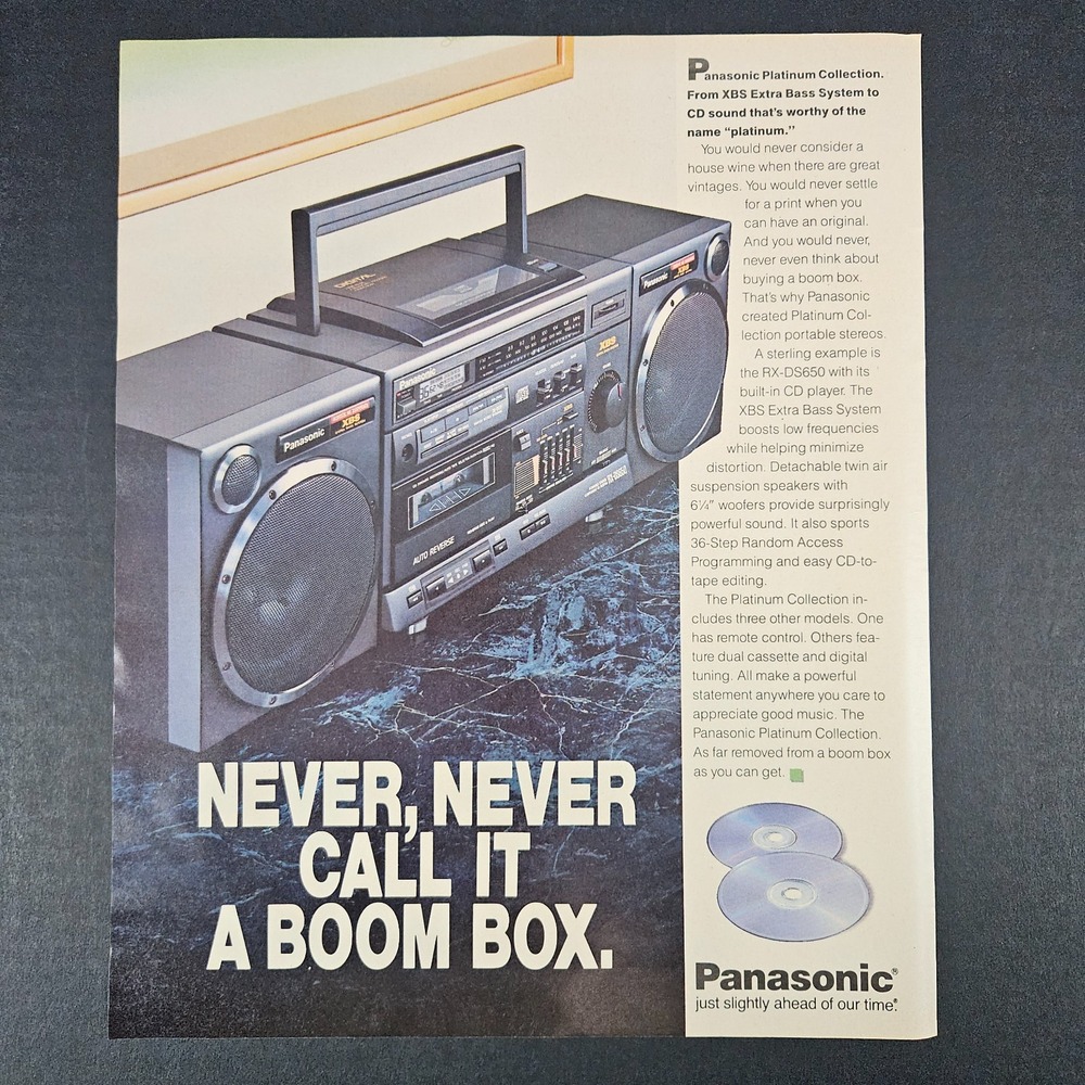 1989 Panasonic Boom Box XBS Extra Bass System Vintage Print Ad CD Cassette Music